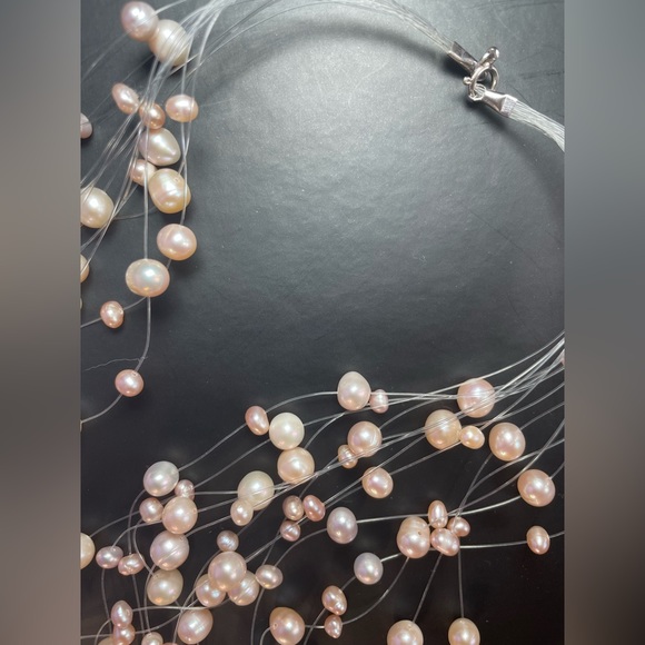 New! Freshwater Cultured Pearl Necklace, 14 Rows Floating w/ Soft Pink Hues - Picture 4 of 7